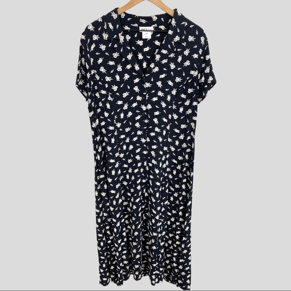 Vintage 90s Black White Rose Floral Midi Dress